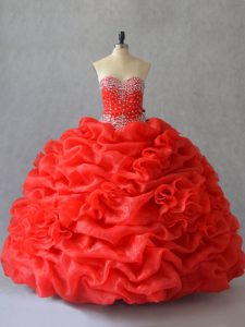 Ideal Red Sweetheart Neckline Pick Ups and Hand Made Flower 15th Birthday Dress Sleeveless Lace Up