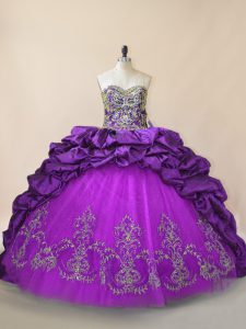Artistic Purple Ball Gowns Sweetheart Sleeveless Taffeta and Tulle Brush Train Lace Up Beading and Pick Ups Quince Ball 