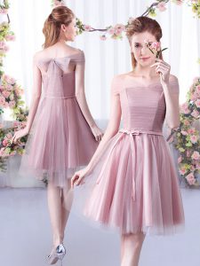 Glittering Knee Length Pink Bridesmaid Dresses Tulle Sleeveless Belt