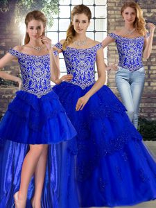 Tulle Off The Shoulder Sleeveless Brush Train Lace Up Beading and Lace Ball Gown Prom Dress in Royal Blue