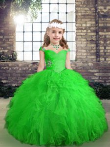 Perfect Green Sleeveless Floor Length Beading and Ruffles Lace Up Glitz Pageant Dress