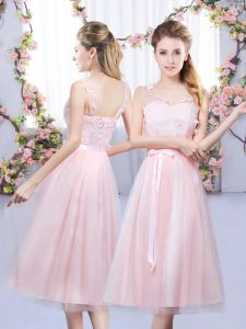 Baby Pink Sleeveless Lace and Belt Tea Length Bridesmaid Dresses