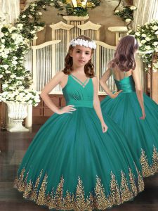 Floor Length Turquoise Little Girls Pageant Dress Wholesale Tulle Sleeveless Embroidery