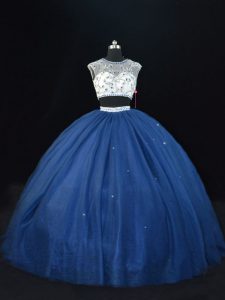 Hot Sale Navy Blue Tulle Lace Up Scoop Sleeveless Floor Length Quinceanera Dress Beading