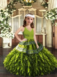 Sleeveless Organza Floor Length Zipper Little Girl Pageant Dress in Olive Green with Appliques and Ruffles