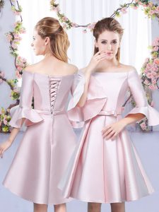 Baby Pink 3 4 Length Sleeve Bowknot Mini Length Bridesmaid Dress