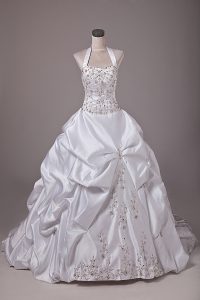 Halter Top Sleeveless Brush Train Lace Up Wedding Dress White Taffeta