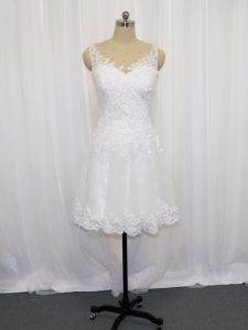 White Zipper Bridal Gown Beading and Lace Sleeveless Mini Length