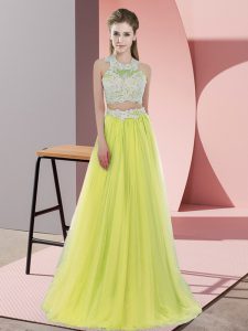Yellow Halter Top Zipper Lace Wedding Party Dress Sleeveless