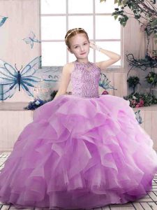 Organza Scoop Sleeveless Zipper Beading and Ruffles Little Girls Pageant Dress Wholesale in Lilac