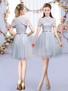 Smart Grey Quinceanera Court of Honor Dress Wedding Party with Lace and Belt High-neck Sleeveless Zipper