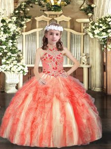 Great Orange Red Lace Up Halter Top Appliques and Ruffles Pageant Dress Tulle Sleeveless
