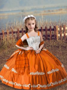 Satin Straps Sleeveless Lace Up Beading and Embroidery Little Girls Pageant Dress in Orange Red