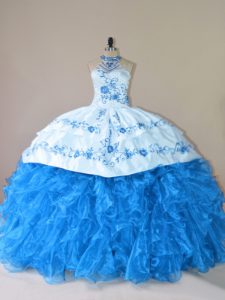 Elegant Blue Halter Top Lace Up Embroidery and Ruffles Sweet 16 Dress Court Train Sleeveless
