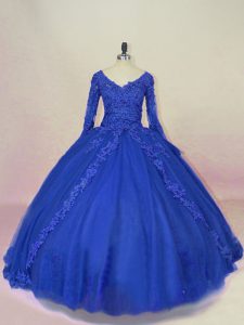 V-neck Long Sleeves Lace Up Vestidos de Quinceanera Royal Blue Tulle