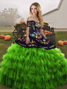 Graceful Green Ball Gowns Organza Off The Shoulder Sleeveless Embroidery and Ruffled Layers Floor Length Lace Up Quincea