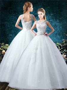 Customized Sleeveless Floor Length Lace and Hand Made Flower Lace Up Wedding Dress with White