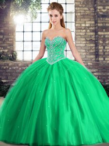 Modern Green Sleeveless Tulle Brush Train Lace Up Vestidos de Quinceanera for Military Ball and Quinceanera