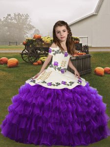 Straps Sleeveless Little Girls Pageant Gowns Floor Length Embroidery and Ruffled Layers Eggplant Purple Organza