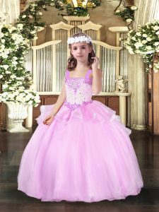 Low Price Lilac Sleeveless Floor Length Beading Lace Up Pageant Gowns For Girls