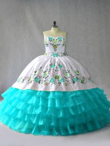 Fashionable Blue And White Quinceanera Gown Sweet 16 and Quinceanera with Embroidery and Ruffled Layers Sweetheart Sleev