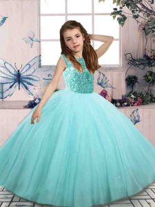Scoop Sleeveless Child Pageant Dress Floor Length Beading Aqua Blue Tulle