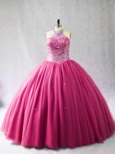 Noble Hot Pink Sweet 16 Quinceanera Dress Tulle Brush Train Sleeveless Beading