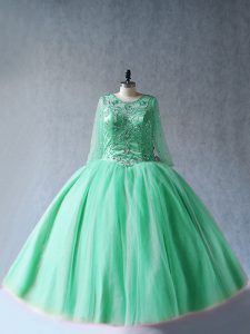 Scoop Long Sleeves Lace Up Quinceanera Gown Apple Green Tulle