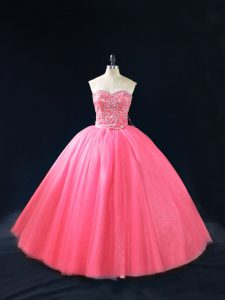 Fashion Sweetheart Sleeveless 15 Quinceanera Dress Floor Length Beading Hot Pink Tulle