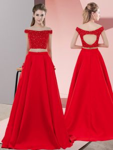 Discount Red Prom Dress Off The Shoulder Sleeveless Sweep Train Backless