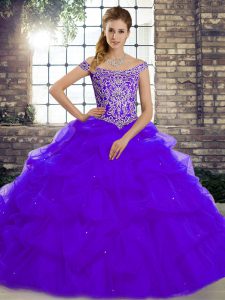 Purple Ball Gowns Beading and Pick Ups Quinceanera Gown Lace Up Tulle Sleeveless