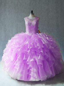 Suitable Floor Length Lace Up 15 Quinceanera Dress Lilac for Sweet 16 and Quinceanera with Beading and Ruffles