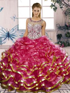 Best Fuchsia Lace Up Scoop Beading and Ruffles 15 Quinceanera Dress Organza Sleeveless