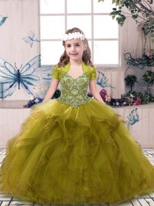 Custom Designed Olive Green Straps Neckline Beading and Ruffles Pageant Dress Wholesale Sleeveless Lace Up