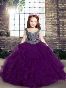 Eye-catching Eggplant Purple Sleeveless Tulle Lace Up Girls Pageant Dresses for Party and Military Ball and Wedding Part