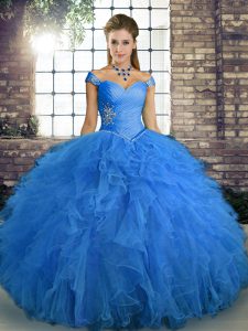 Sumptuous Floor Length Lace Up Quince Ball Gowns Blue for Military Ball and Sweet 16 and Quinceanera with Beading and Ru