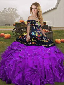 Stunning Off The Shoulder Sleeveless Organza Sweet 16 Dresses Embroidery and Ruffles Lace Up
