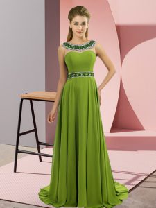 Olive Green Zipper Scoop Beading Prom Dress Chiffon Sleeveless Brush Train