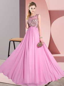 Deluxe Rose Pink Bridesmaid Dresses Wedding Party with Beading and Appliques Scoop Sleeveless Backless