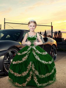 Dark Green Straps Lace Up Embroidery Custom Made Pageant Dress Sleeveless