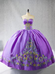 Lavender Satin Lace Up Sweetheart Sleeveless Floor Length Quinceanera Dresses Embroidery