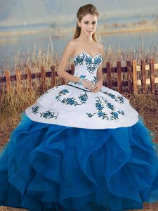 Blue And White Sweetheart Lace Up Embroidery and Ruffles and Bowknot Quinceanera Gown Sleeveless