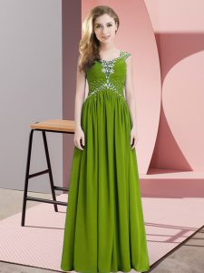 Cap Sleeves Floor Length Beading Lace Up Homecoming Dress with Olive Green