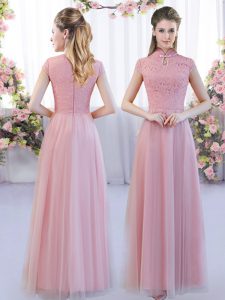Floor Length Pink Wedding Party Dress High-neck Cap Sleeves Zipper