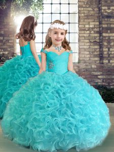Aqua Blue Kids Formal Wear Party and Wedding Party with Beading and Ruching Straps Sleeveless Lace Up