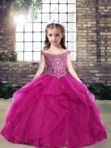 Fuchsia Tulle Lace Up Off The Shoulder Sleeveless Floor Length Little Girl Pageant Dress Beading and Ruffles