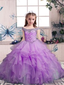 Off The Shoulder Sleeveless Organza Pageant Gowns For Girls Beading and Ruffles Lace Up