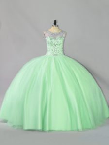 Great Apple Green Ball Gowns Scoop Sleeveless Tulle Floor Length Lace Up Sequins Sweet 16 Quinceanera Dress