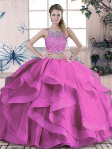 Tulle Scoop Sleeveless Lace Up Beading and Lace and Ruffles 15 Quinceanera Dress in Lilac