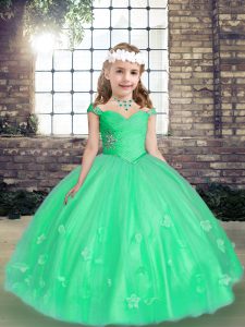 Green Ball Gowns Straps Sleeveless Tulle Floor Length Lace Up Beading and Hand Made Flower Pageant Gowns